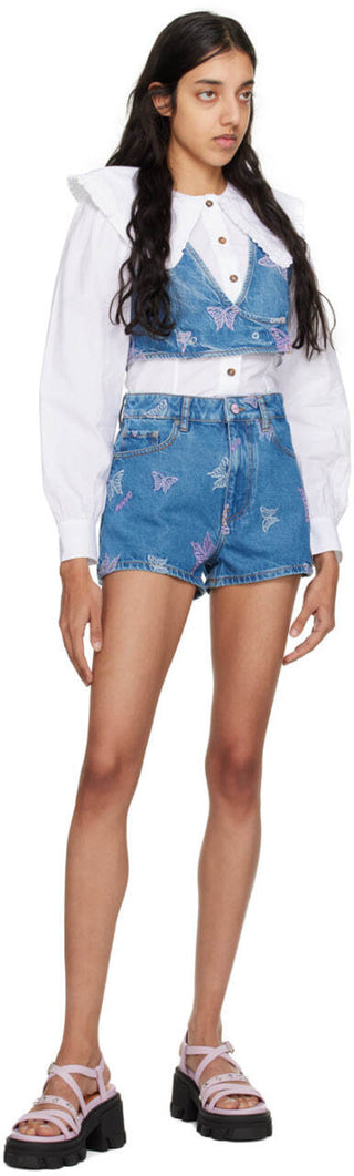 GANNI Butterfly Denim Shorts Blue