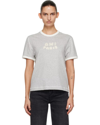 Ami Paris Cotton Knitted Patch T-shirt Grey
